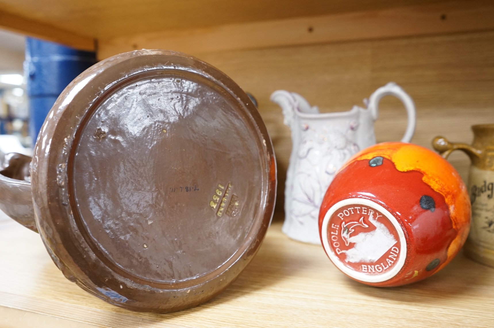 A collection of seven various ceramic vessels including Bretby, Poole, Worcester, continental art pottery etc. 26cm